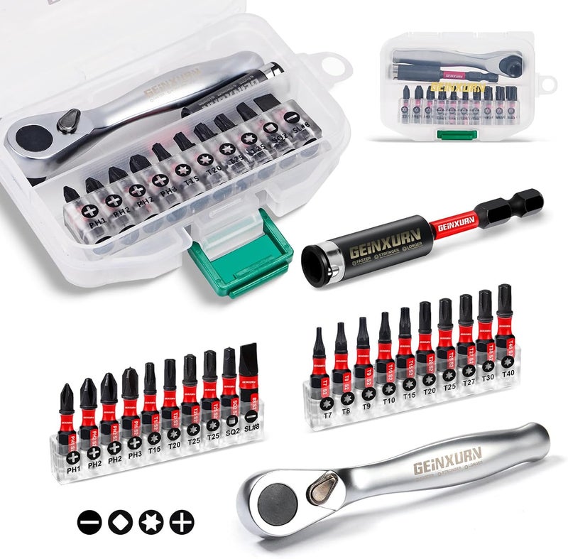 GEINXURN 22pieces Ratchet & Bit Driver Set, Magnetic S2 Steel 1”Insert Bits Tips with Base,Impact Bit Holder and Mini Wrench with Storage Box - Image 1